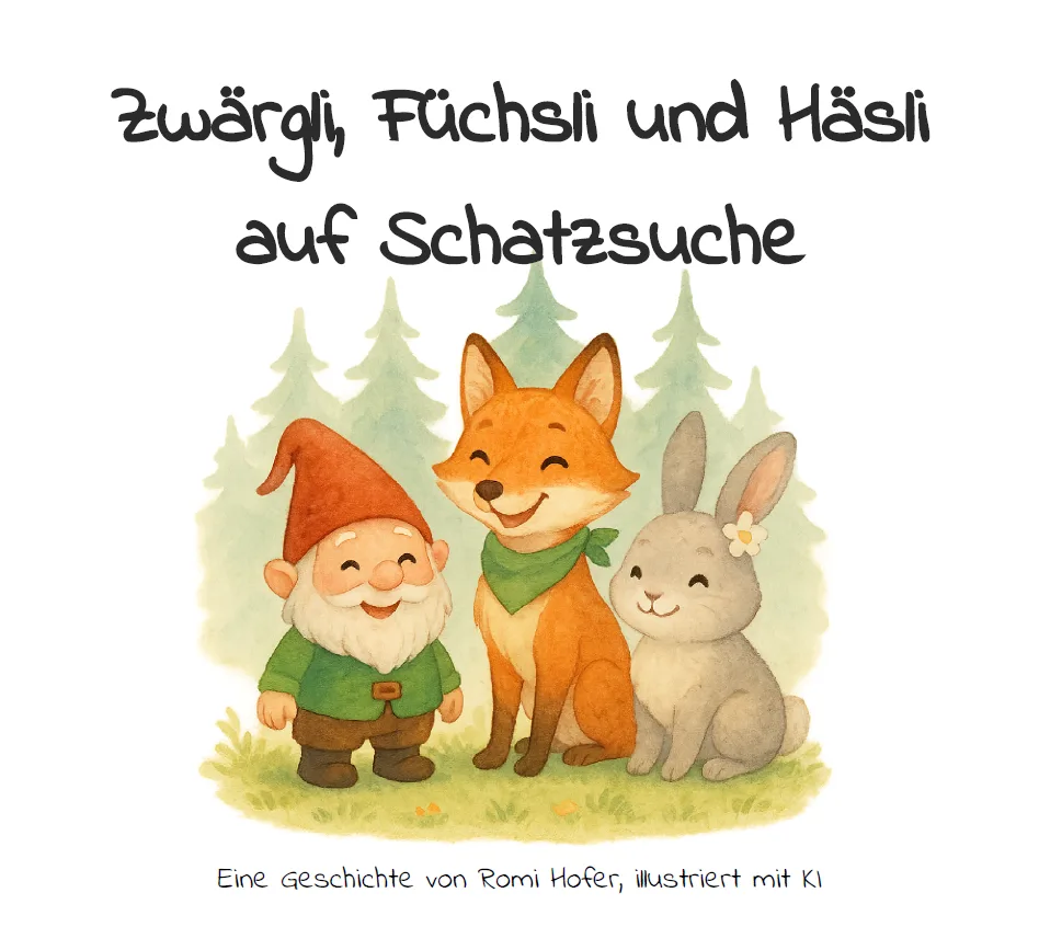 Titelbild des Kinderbuches Zwärgli, Füchsli und Häsli auf Schatzsuche